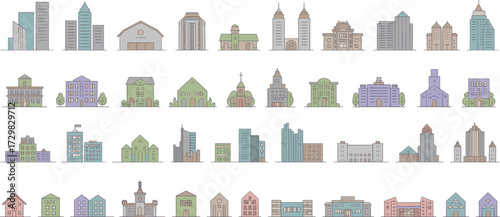 Colorful city building icons set, modern architecture vector illustrations, perfect for urban design, maps, apps, infographics, and real estate branding