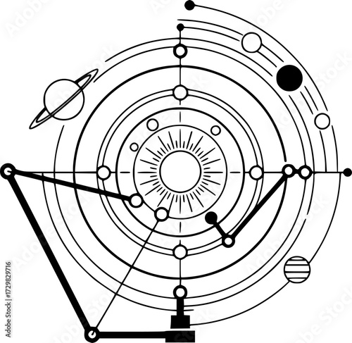 Solar system orrery illustration: celestial model design for educational and artistic use