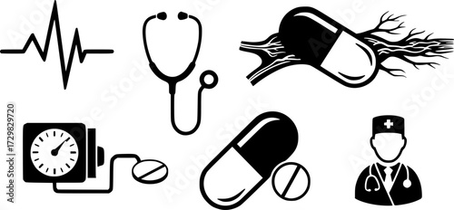 Medical icon set featuring heartbeat, stethoscope, blood pressure cuff, pill, artery, and doctor symbols