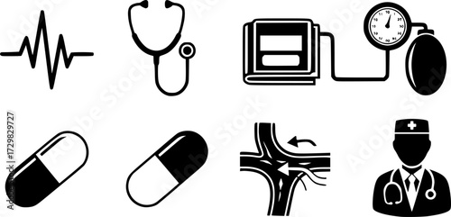 Medical icon set featuring heartbeat, stethoscope, blood pressure cuff, pill, artery, and doctor symbols