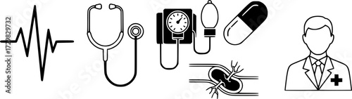 Medical icon set featuring heartbeat, stethoscope, blood pressure cuff, pill, artery, and doctor symbols
