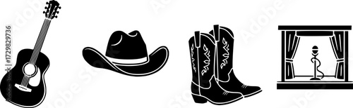 Country music festival icons featuring guitar, cowboy hat, boots, and stage