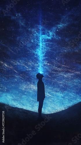Silhouette of a person gazing upwards at a vibrant blue cosmic beam from the starry night sky