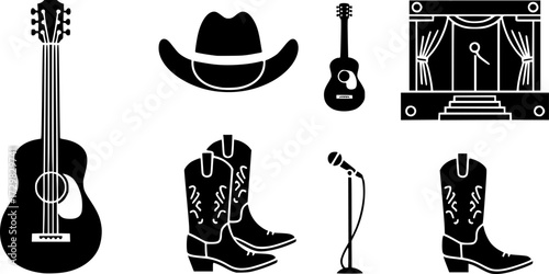Country music festival icons featuring guitar, cowboy hat, boots, and stage
