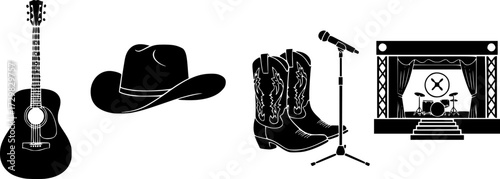 Country music festival icons featuring guitar, cowboy hat, boots, and stage