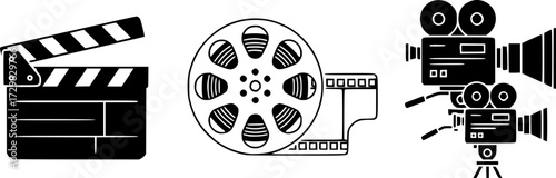 Film production elements: linear icons of clapperboard, film reel, and camera equipment