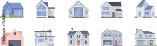 Flat design house icons set — modern residential homes, villas, and cottages for real estate, web design, apps, maps, and property listings