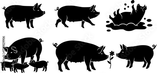 Silhouette pigs set: charming farm animals in black and white