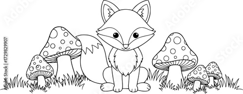 Cute fox with mushroom outline for coloring books and crafts