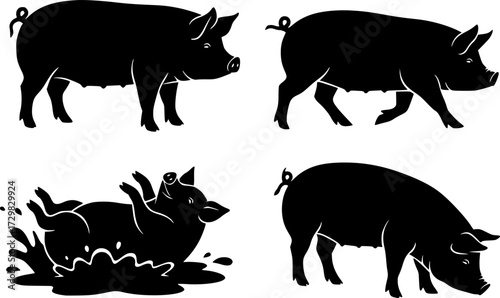 Silhouette pigs set: charming farm animals in black and white