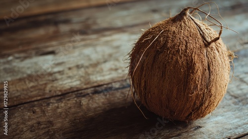 Dramatic Still Life of a Single Coconut Casting a Shadow on Rustic Wood Planks.