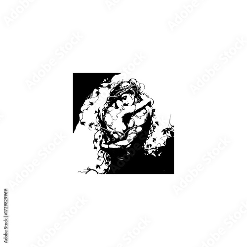 silhouette of a beautiful woman with long hair, person in the sun. Creative holiday background, illustration 