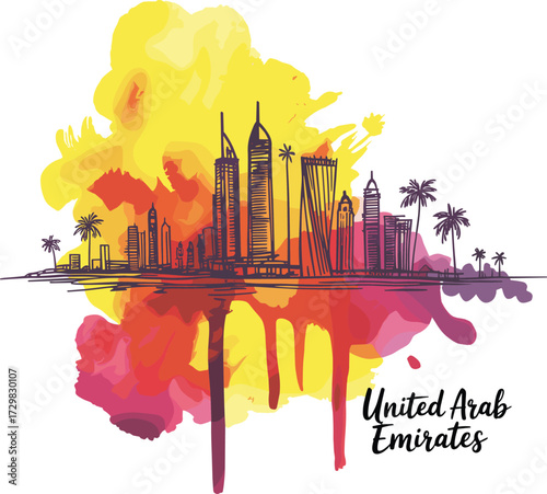 United Arab Emirates skyline illustration with watercolor sunset, modern skyscrapers, Arabic architecture, perfect for travel ads, tourism posters, and Middle East branding