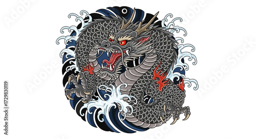 Traditional mythical dragon illustration surrounded by stylized turbulent waves