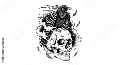 Intricate monochrome illustration depicting a raven perched on a skull amid swirling smoke