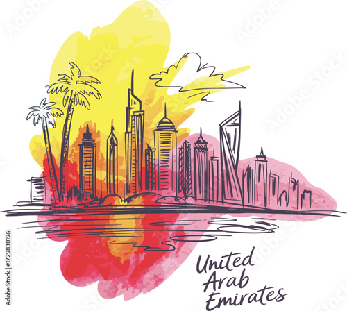 United Arab Emirates skyline illustration with watercolor sunset, modern skyscrapers, Arabic architecture, perfect for travel ads, tourism posters, and Middle East branding