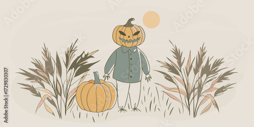 A whimsical halloween illustration features a friendly pumpkin headed scarecrow standing in a field with a large pumpkin and tall grass under a pale sun