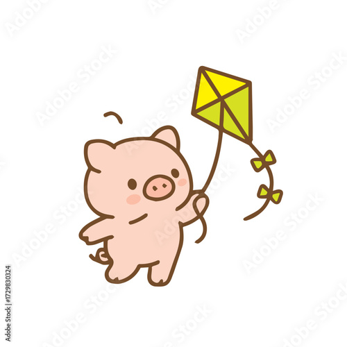 Playful Piglet Flying a Kite in a Whimsical Scene