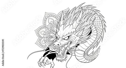 Detailed line art depicting an intricately designed eastern dragon combined with a mandala pattern