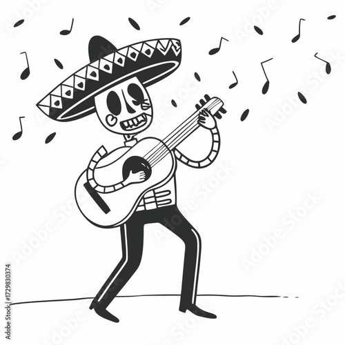 A whimsical skeleton mariachi musician wearing a sombrero plays a guitar with musical notes floating around