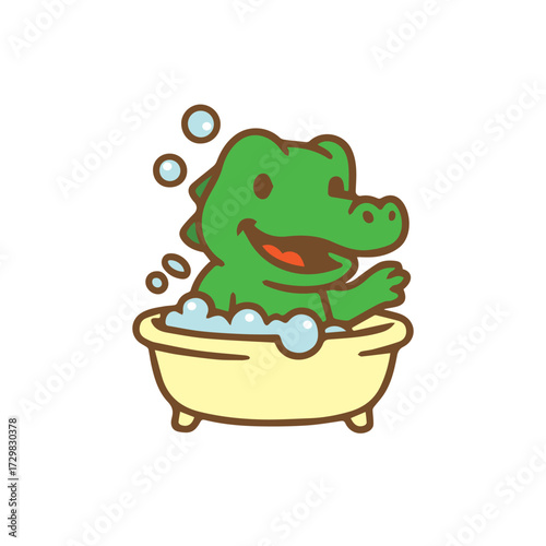 Happy Cute Alligator Bathing in Tub