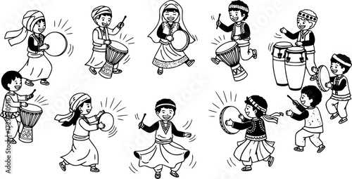 Joyful drum circle dance with children in cultural attire for celebration and artistic inspiration