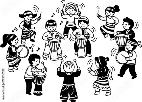 Joyful drum circle dance with children in cultural attire for celebration and artistic inspiration