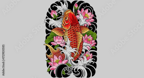 Majestic koi carp illustration amidst lotus blooms and surging wave patterns artistry