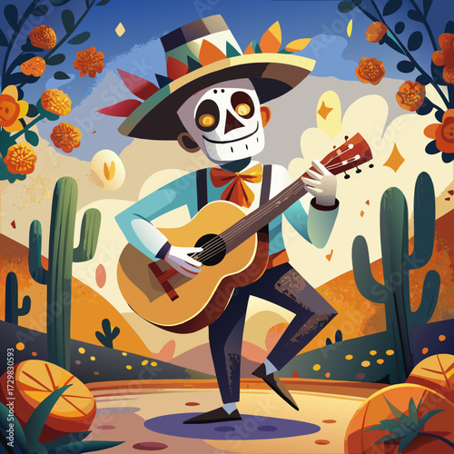 A festive skeleton musician plays guitar amidst marigolds and cacti under a vibrant sunset sky