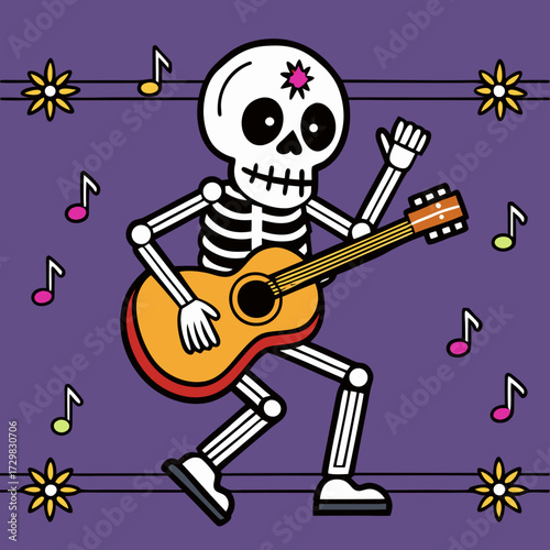 A cheerful cartoon skeleton plays an acoustic guitar surrounded by colorful musical notes and decorative flowers on a purple background