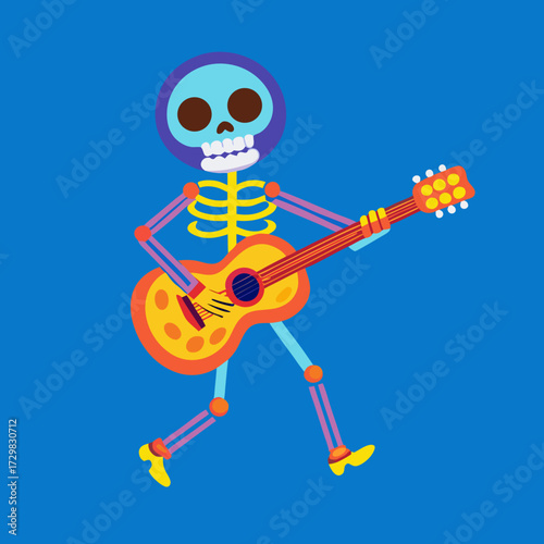 A colorful skeleton character playing an acoustic guitar with a festive and lively aura