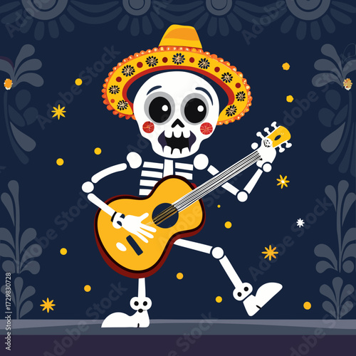 A festive skeleton musician wearing a sombrero plays a guitar under a starry night sky