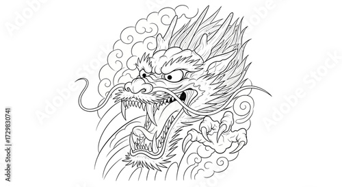 Detailed line drawing of a roaring dragon with clouds representing mythical power and wisdom