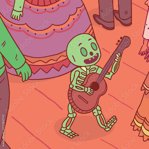 A cheerful skeleton character plays a guitar while dancing among people in festive attire