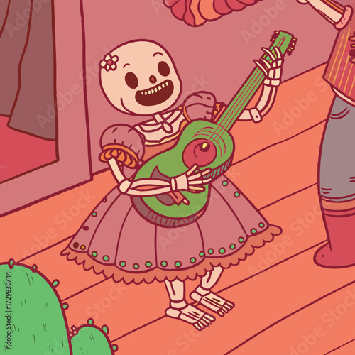 A cheerful skeleton girl in a frilly dress plays a green guitar with a flower in her hair