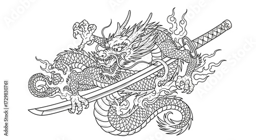 Intricate line art illustration of a majestic eastern dragon entwined with a katana sword design