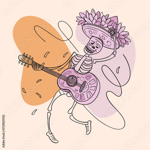 A festive skeleton plays a guitar while wearing a flower adorned sombrero and dancing joyfully