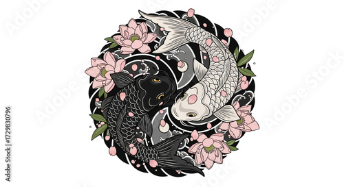 Symbolic balance: Koi fish entwined with lotus blossoms in a tranquil artistic rendering