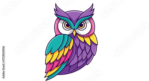 Colorful owl illustration with intricate feather details and vibrant plumage design
