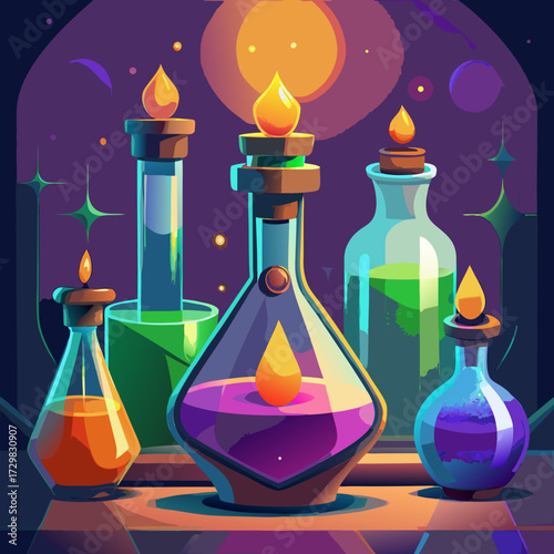 Enchanting alchemical potions glow with mystical energy in a dark enchanted laboratory setting