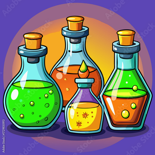 Whimsical collection of colorful bubbling potions in glass flasks with cork stoppers against a gradient background