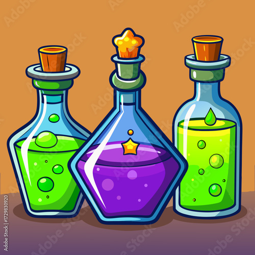 Three cartoon potion bottles with colorful liquids and cork stoppers on a brown surface