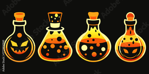 Four halloween themed potion bottles with spooky faces and bubbling liquids on a black background