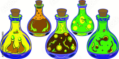 A collection of five whimsical potion bottles filled with colorful and mysterious liquids and ingredients