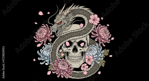 Dragon guardian skull with floral arrangement symbolizing mortality and eternity on black background