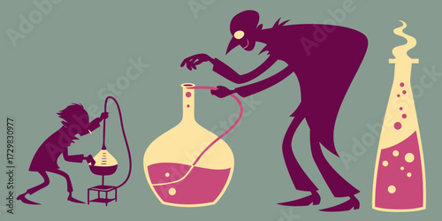 Mad scientist and assistant conduct mysterious experiment with bubbling potions in a laboratory setting