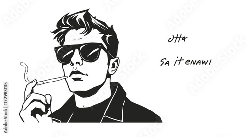 Illustration of a man with sunglasses smoking a cigarette, wearing a jacket, with handwritten text beside him.