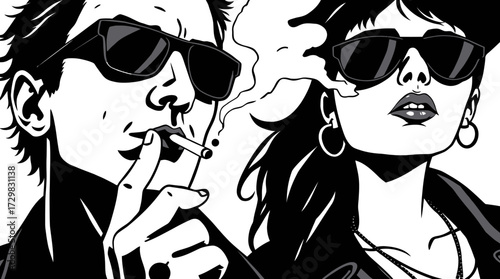 A black and white illustration of two people wearing sunglasses, smoking.