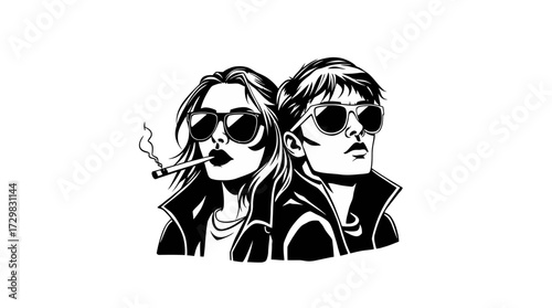 A black and white illustration of a woman smoking a cigarette, with a man.