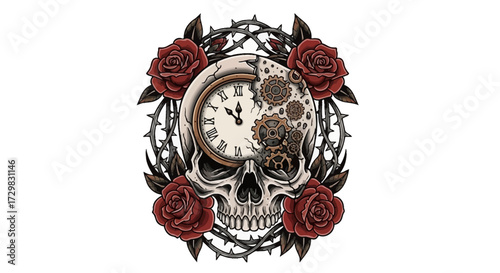 Steampunk skull with clockwork gears, roses and barbed wire wreath illustration on a white